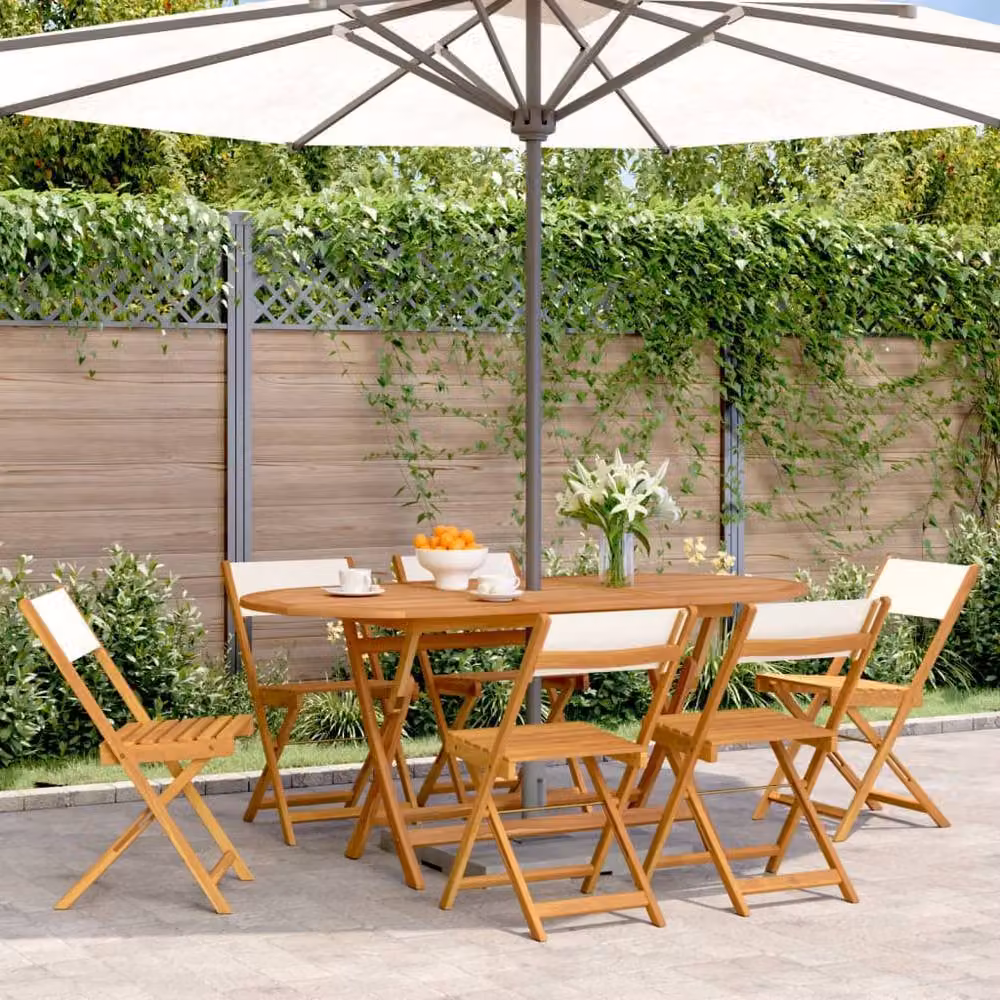 Berkfield Home Beautiful Set of 6 Folding Acacia Wood Garden Chairs in White Fabric – 2