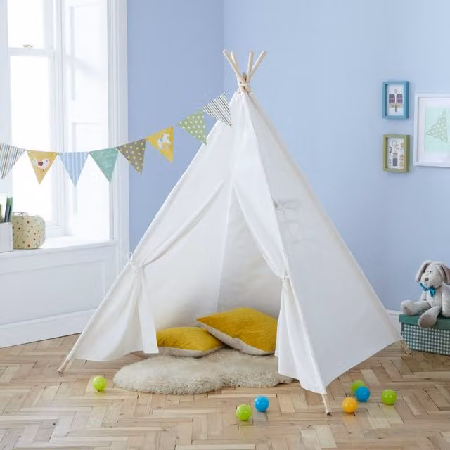 Neo White Canvas Kids Indian Teepee Tent with Wood Frame
