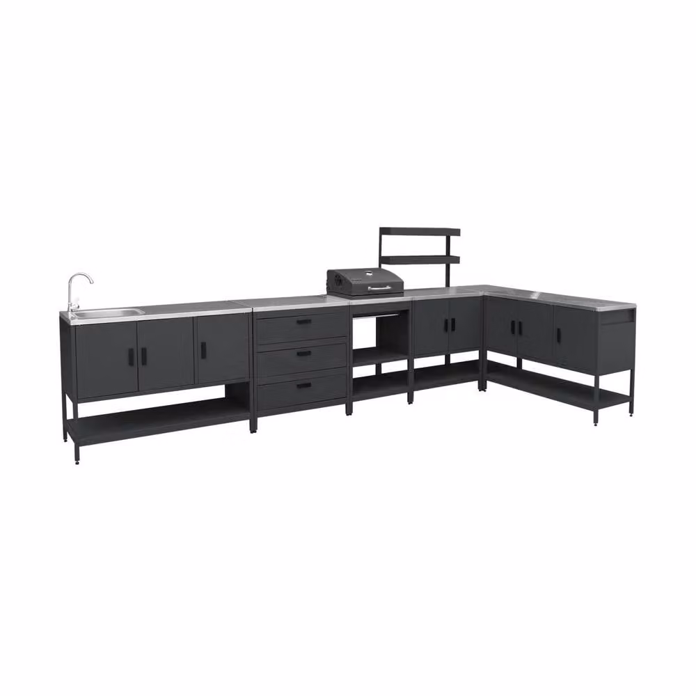 sweeek Outdoor Kitchen with Charcoal Barbecue, 5 Modules and Sink in Black and Stainless Steel – 2
