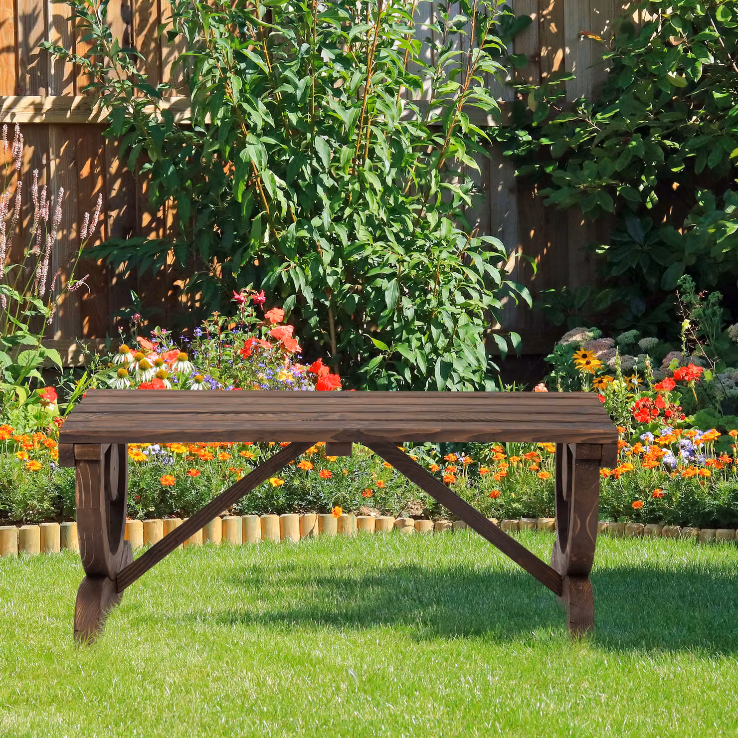 Outsunny Rustic Brown Wooden 2-Person Garden Bench with Wheel-Shaped Legs – 2
