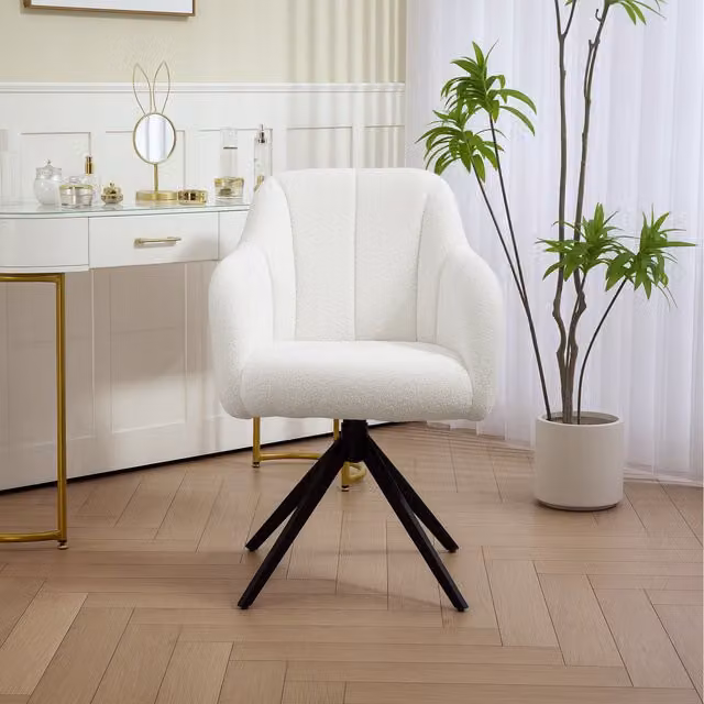 HOMCOM White Bouclé 360 Degree Swivel Accent Chair with Armrests and Metal Legs