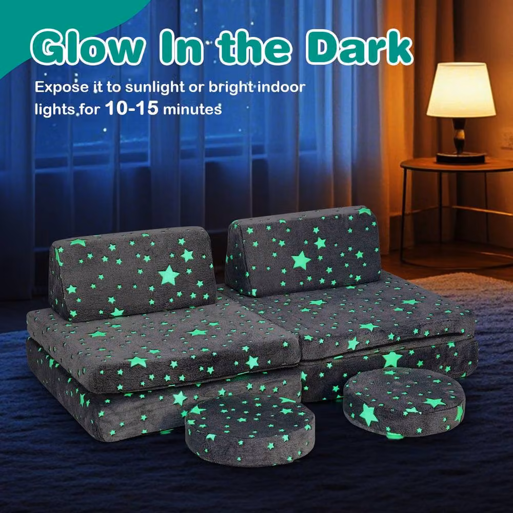 Costway Glow in the Dark Modular Kids Play Couch Set, Grey Fold Out Childrens Sofa – 2