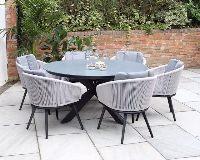 Royalcraft ASPEN 150cm Round Grey Ceramic Top Dining Set with 6 Rope Chairs – 1