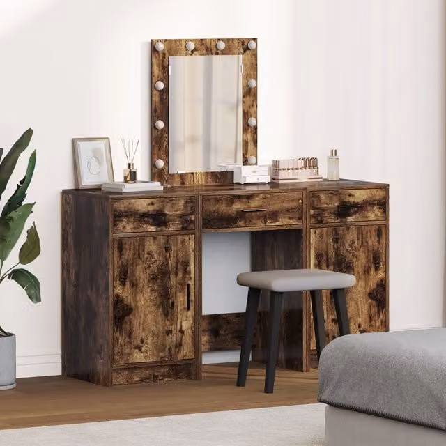 Berkfield Home Modern Smoked Oak Dressing Table Set of 3 in Brown, W: 120 cm, D: 40 cm, H: 75 cm