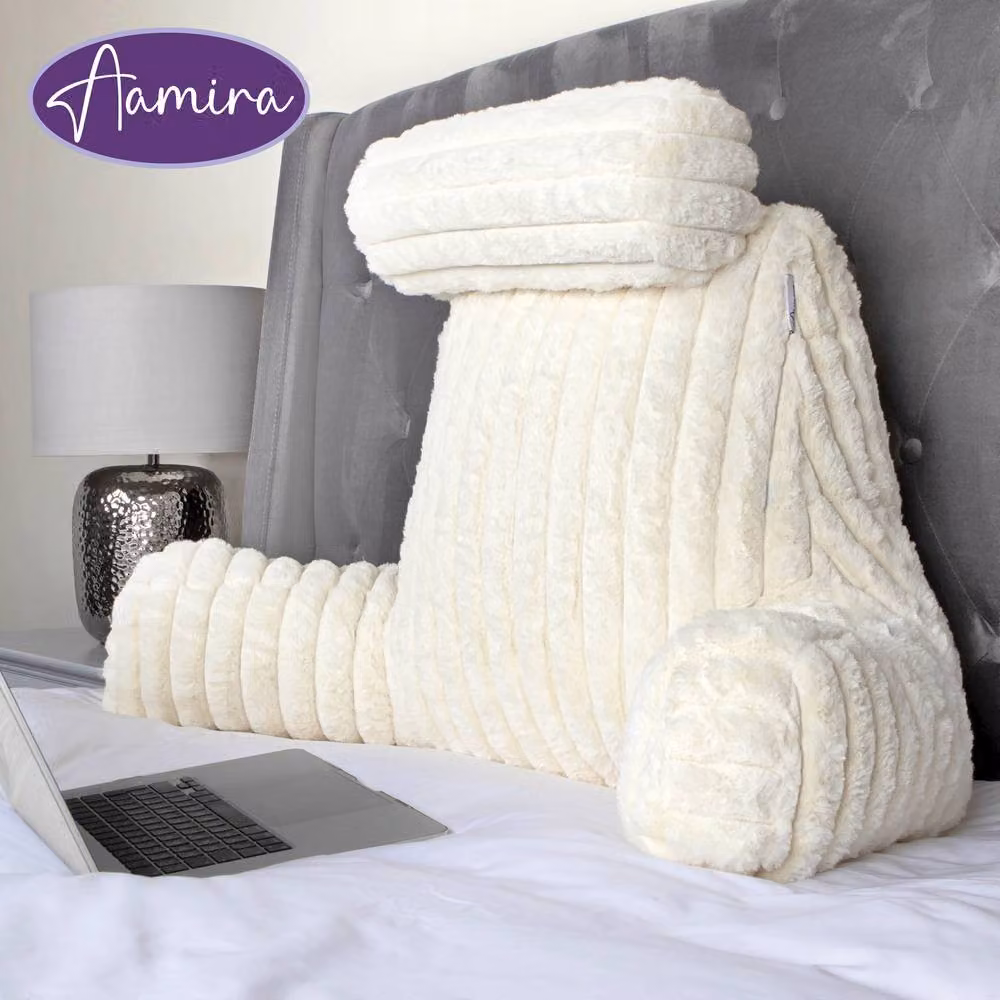Aamira Beige Faux Fur Ribbed Memory Foam Wedge Reading Pillow for Back and Neck Support W/D/H: 66 x 50 x 50 cm – 7