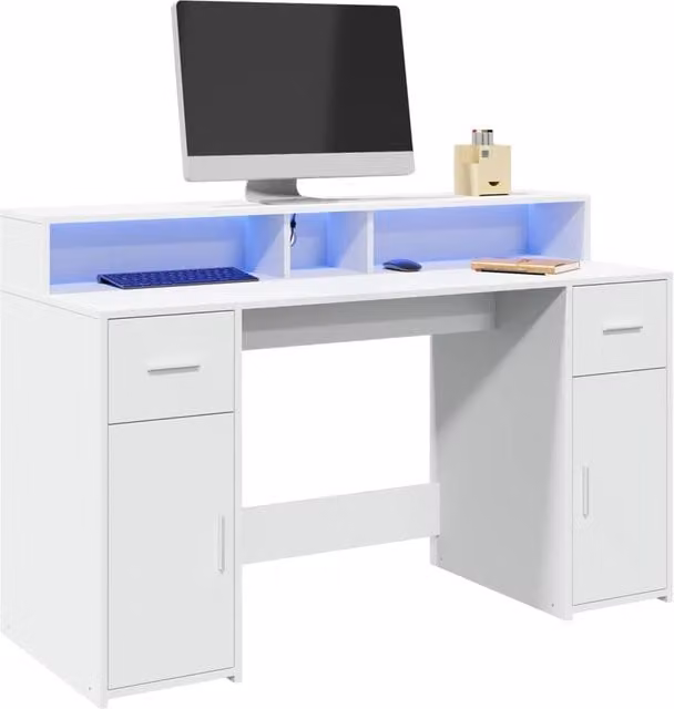 Berkfield White Gaming Desk with LED Lights, W/D/H: 140 x 55 x 91 cm – 1