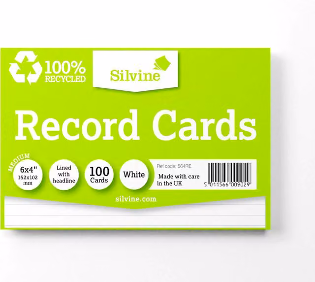 Silvine Lined A6 White Recycled Paper Flash Cards, Pack of 100