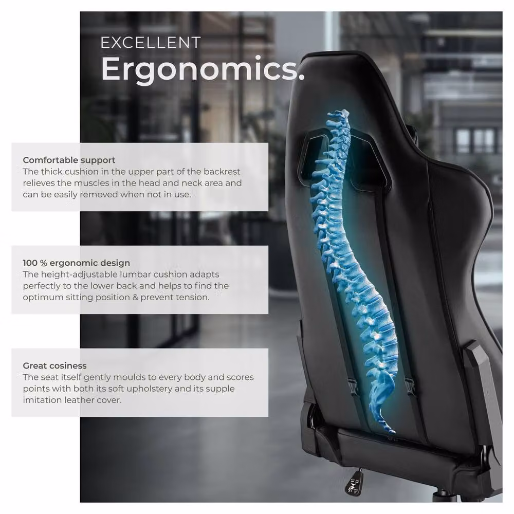 tectake Stealth Gaming Chair in Black with Synthetic Leather and Headrest – 4