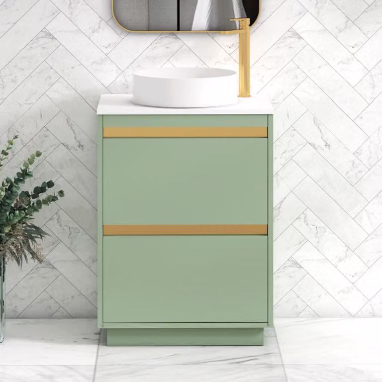 Royal Bathrooms Orion 600mm Mint Sage Floor Standing 2 Drawer Vanity Unit with Plain White Undrilled Worktop and Brushed Brass Accent Trim