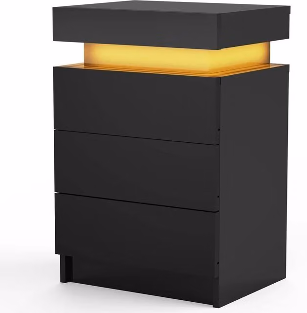 FORGEVIO Modern Black Bedside Nightstand with 3 Drawers and Integrated RGB LED Lighting