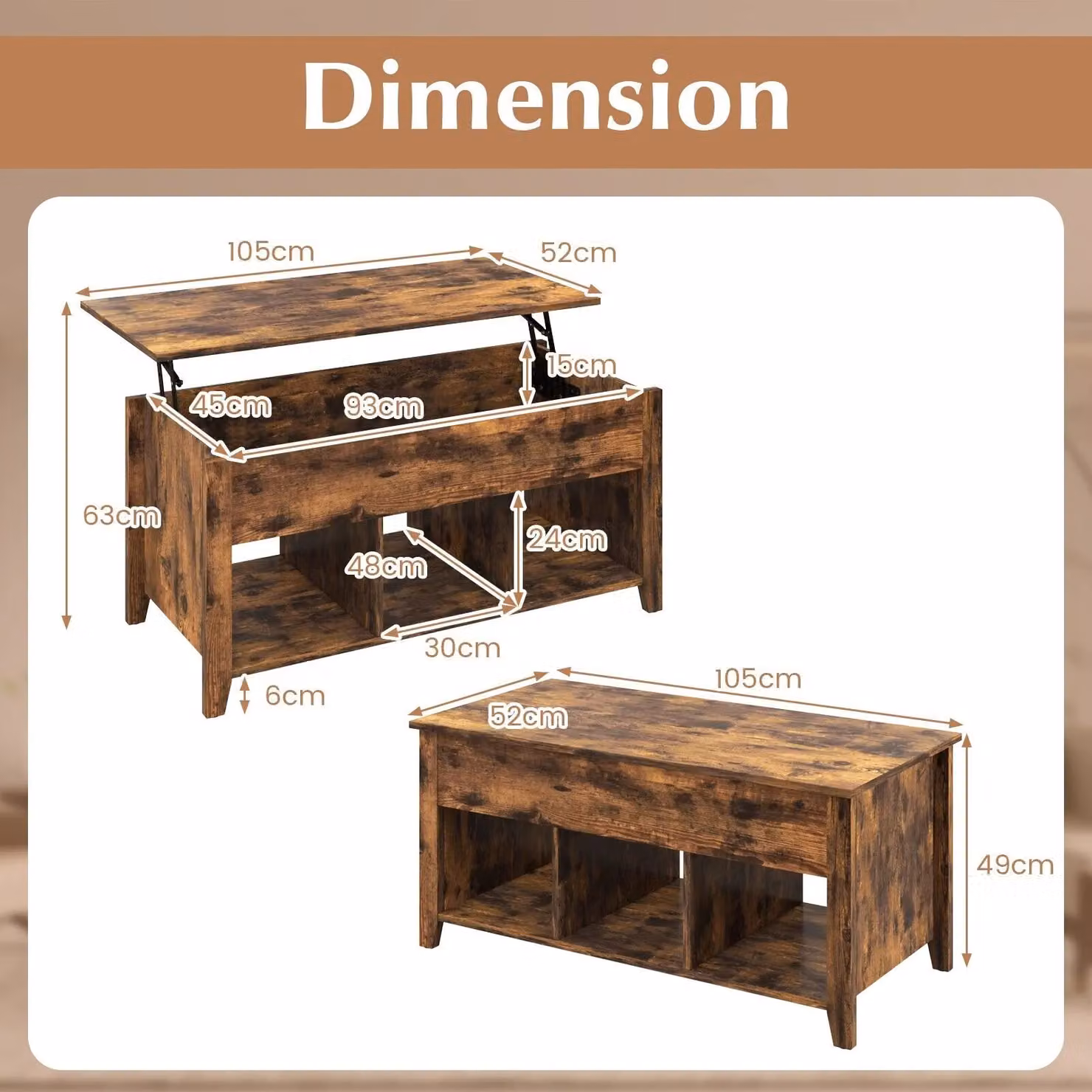 Costway Modern Wooden Lift Top Coffee Table in Brown – 2