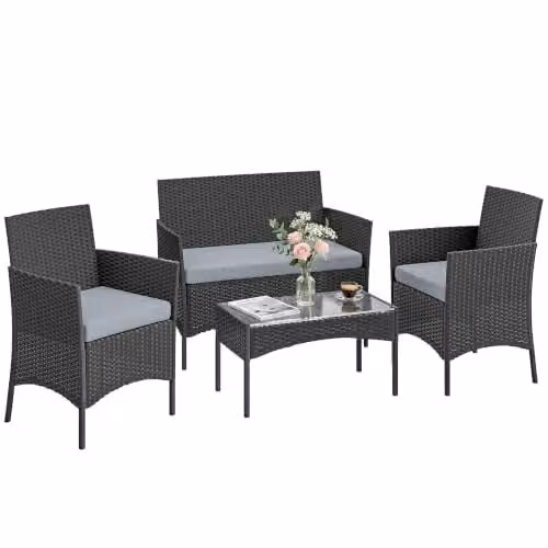 Outsunny 4 Seater Grey Rattan Garden Furniture Set with Metal Frame and Glass Table – 1