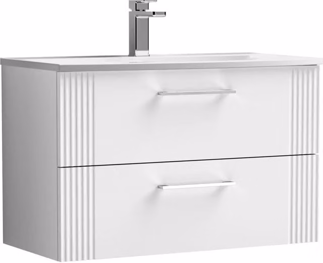Balterley Wall Hung 2 Drawer Vanity Unit with Curved Vitreous China Basin, Satin White, W: 80 cm, D: 53 cm