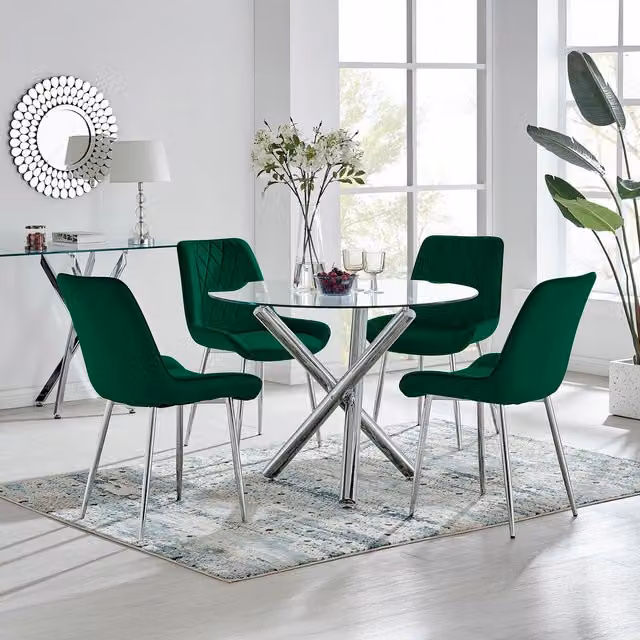 FurnitureboxUK Selina Round Glass Dining Table with Four Pesaro Silver Leg Chairs in Green