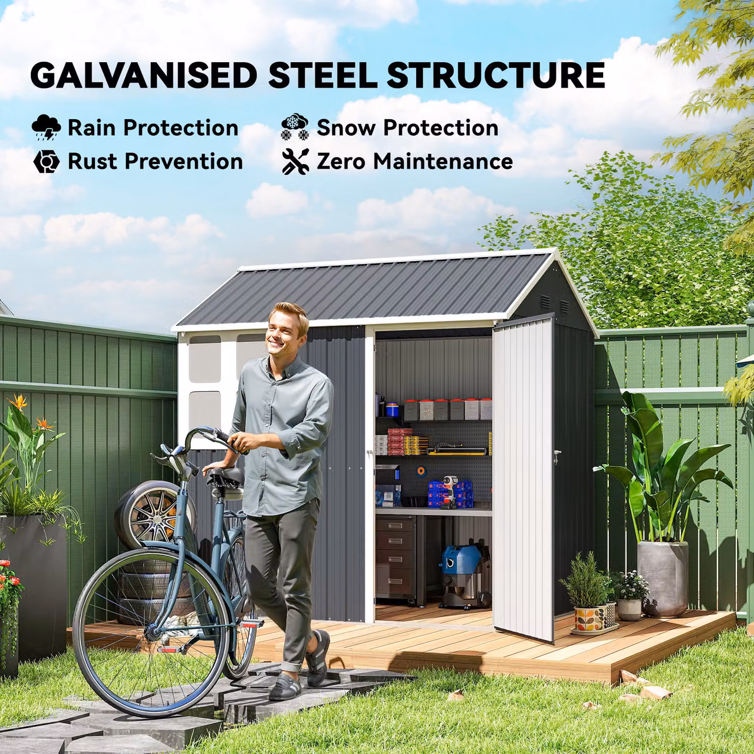 Outsunny Galvanised Steel Garden Shed with Latch and Window in Dark Grey – 4