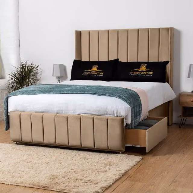 UK Bed Furniture Arizona Wingback Divan Bed in Beige with 54 Inch Headboard and 2 Foot End Drawers, Double, W/D/H: 140 x 200 cm