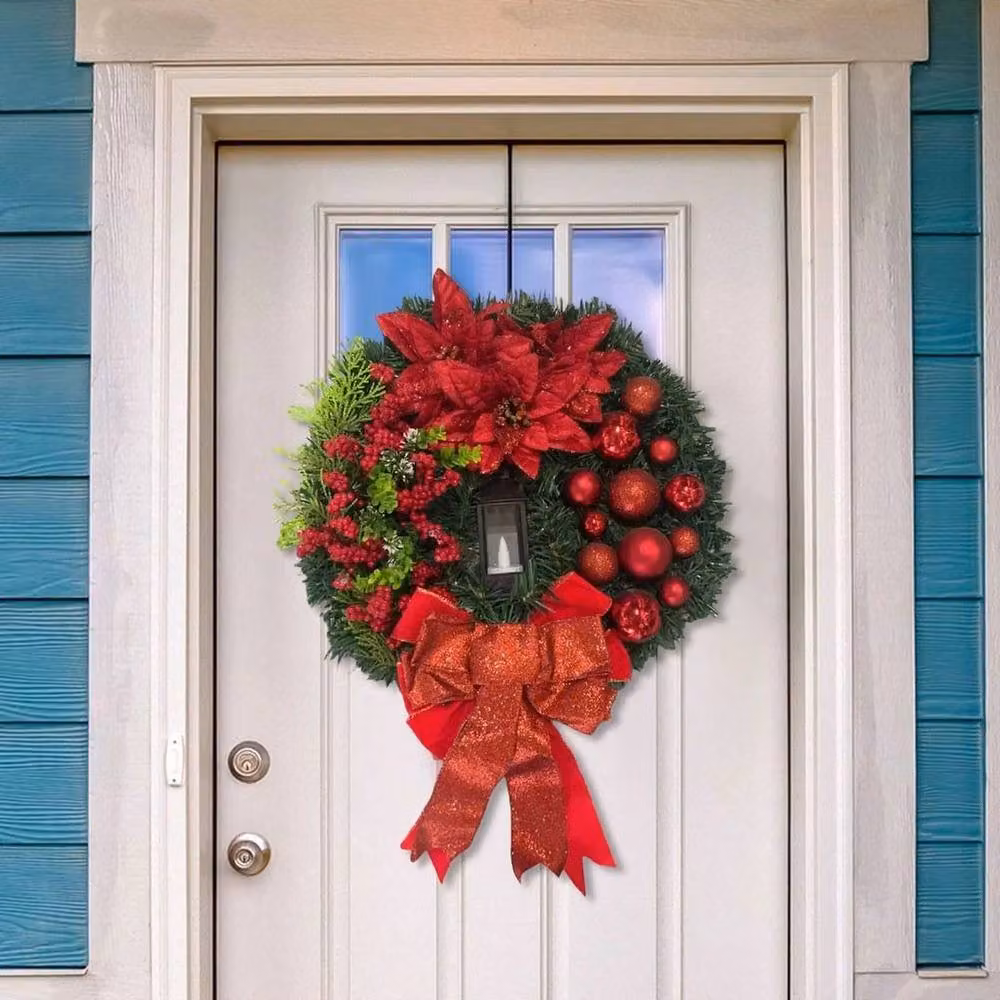 FLAVORA Large Red Christmas Lighting Wreath Garland with Warm White Lights, Diameter: 100 cm, Depth: 15 cm – 2