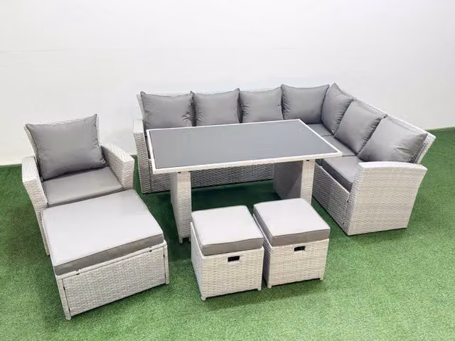 Fimous 10 Seater Wicker Rattan Corner Sofa Garden Furniture Set in Light Grey