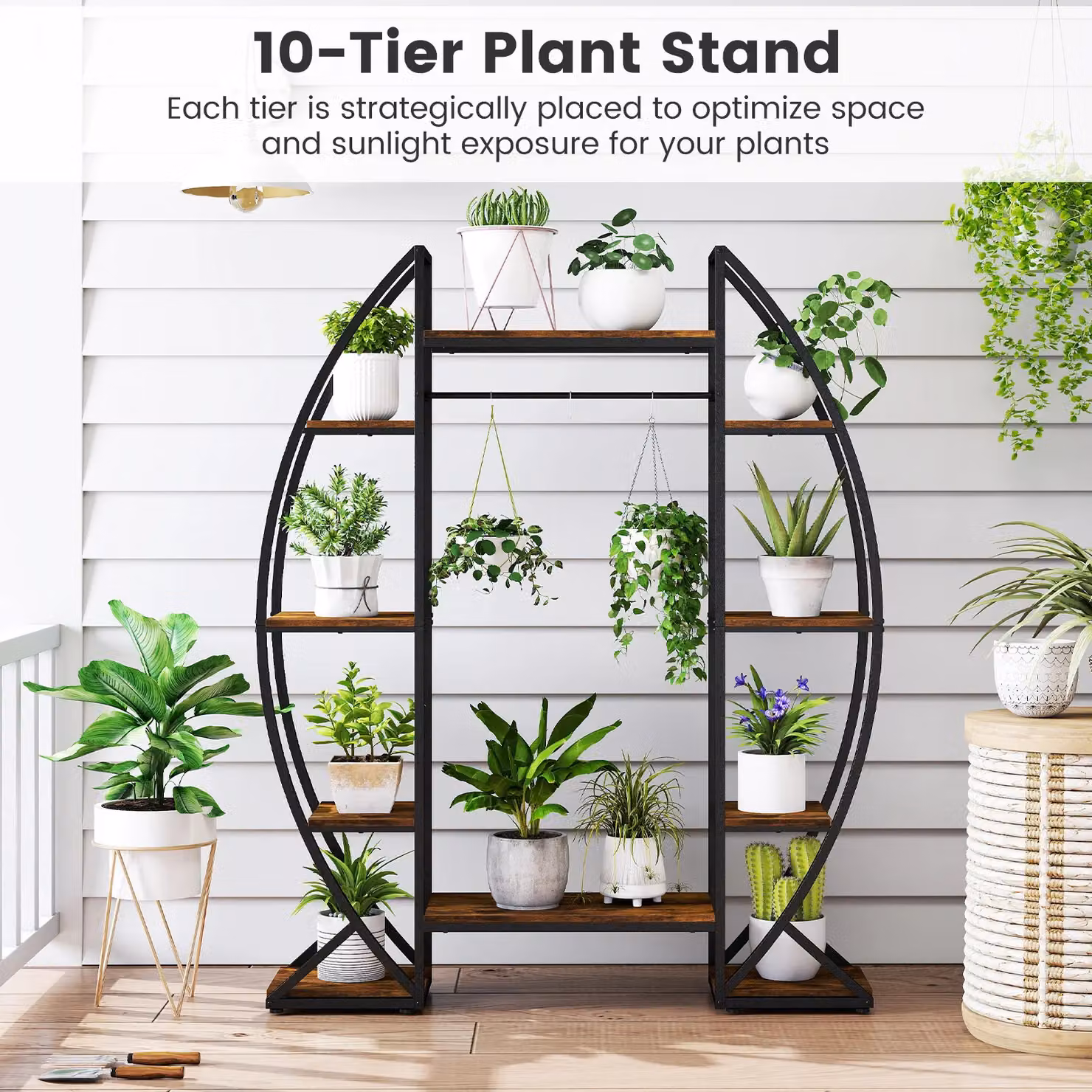 Gymax 10-Tier Corner Metal Indoor Plant Stand with Grow Lights in Brown – 5