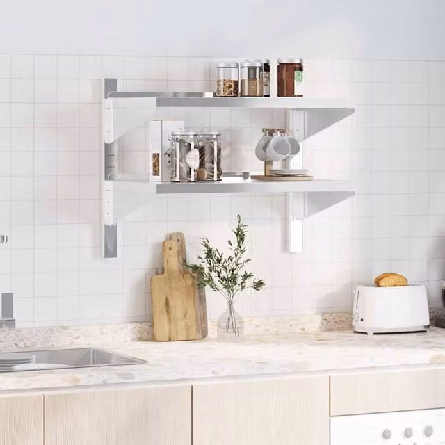 Berkfield Home 2-Tier Wall Mounted Metal Shelf in Silver, W/D/H: 75 x 40 x 60 cm