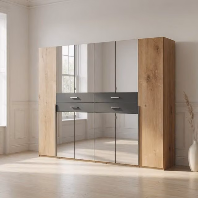 Denver 6 Door Planked Oak and Graphite Wardrobe with Mirror and 4 Integrated Drawers