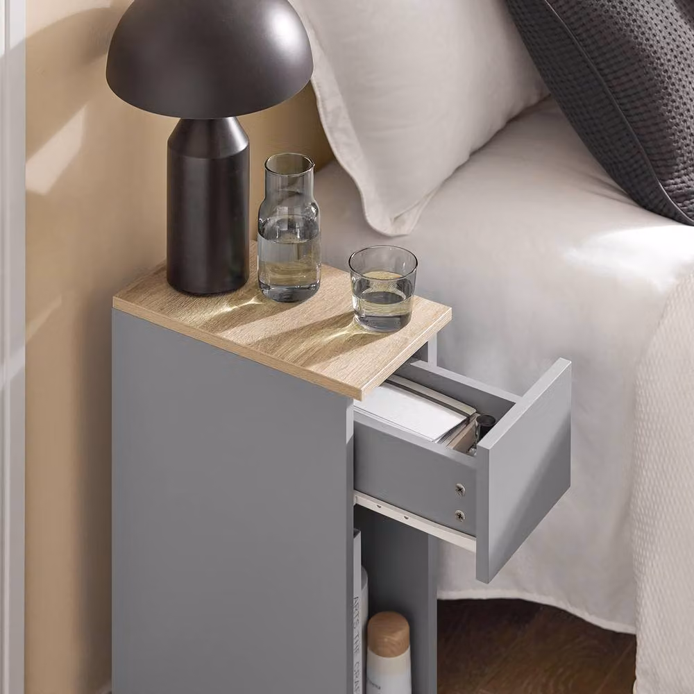 SOBUY Modern Grey Slim Bedside Table with Open Shelf and Drawer, W/D/H: 35 x 20 x 60 cm – 4