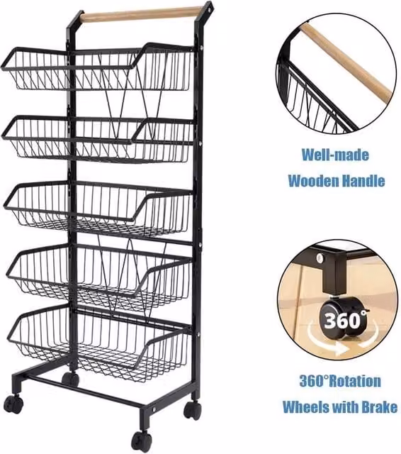 EONLION 5 Tier Fruit Trolley Basket Rack in Black with Adjustable Shelves, Height: 100 cm
