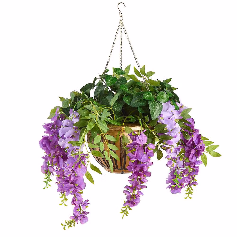 Coopers of Stortford Artificial Wisteria and Ivy Hanging Basket Planter with Bronze Look Pot, Multicolour, W/D/H: 75 x 50 x 50 cm – 2