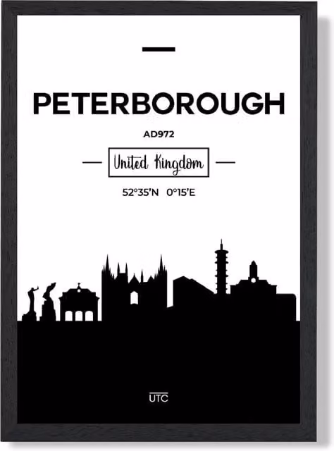 ARTZE Peterborough Black and White City Skyline Framed Print, A4