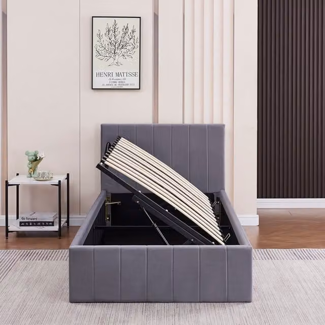 Kosy Koala Grey Velvet Upholstered Single Ottoman Bed W/D/H: 100 x 200 x 106 cm