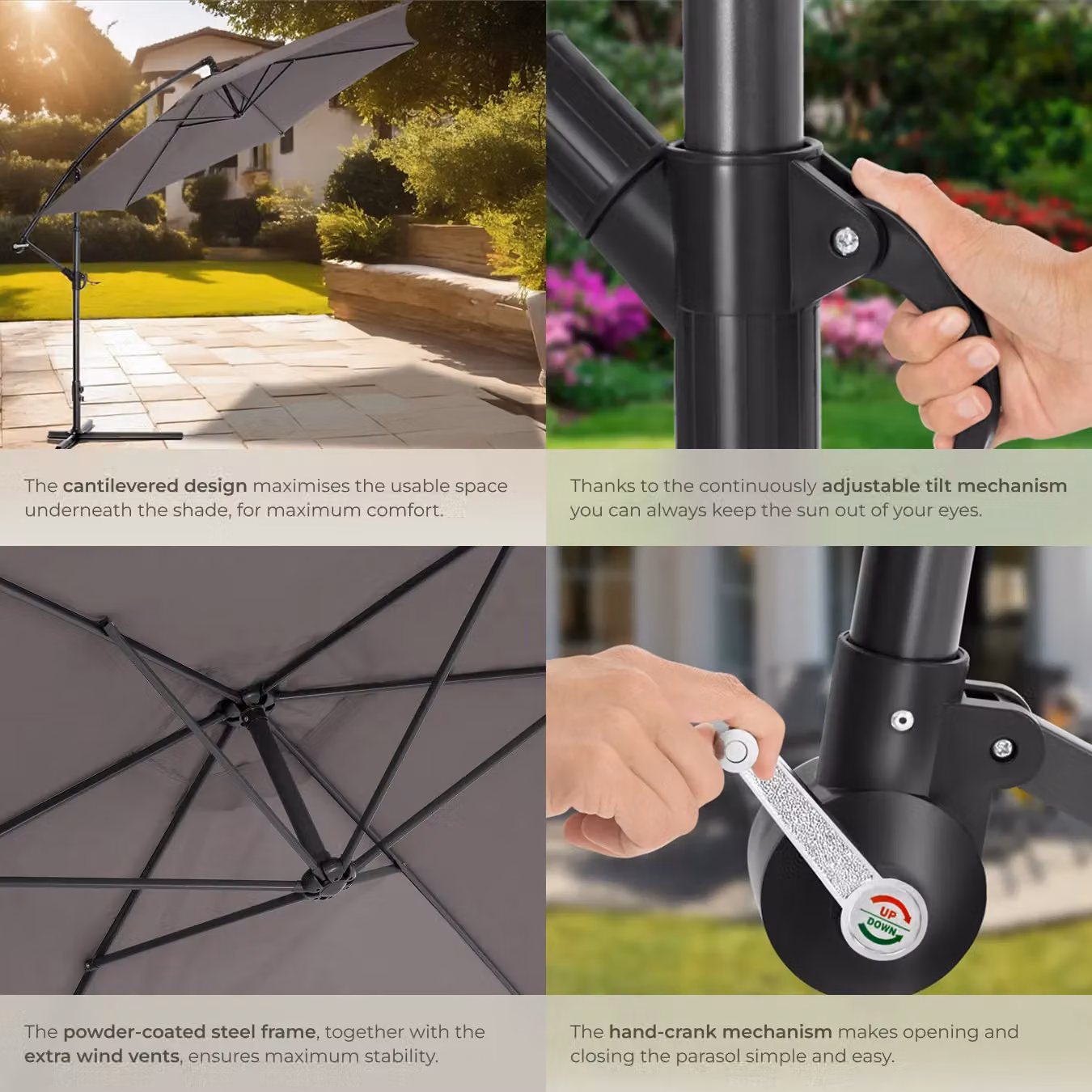 tectake Ciccio Cantilever Parasol in Grey with Polyester Canopy – 4