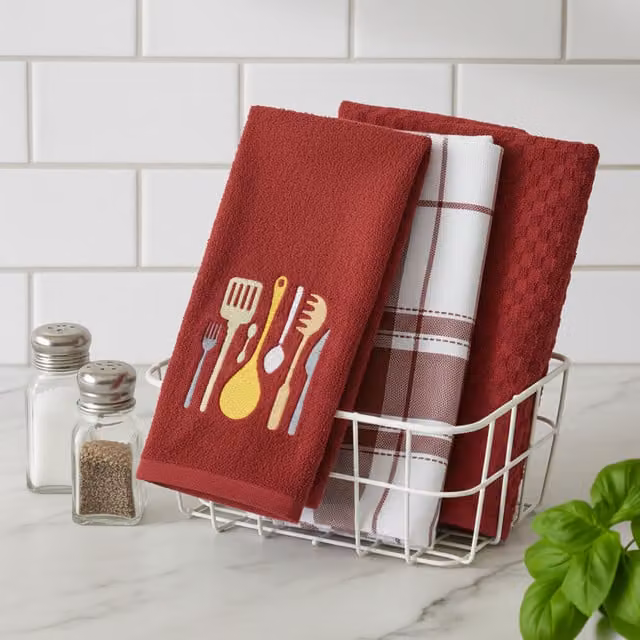 Kitchen Trends Highly Absorbent Embroidered 3-Pack Tea Towel Set in Red and White