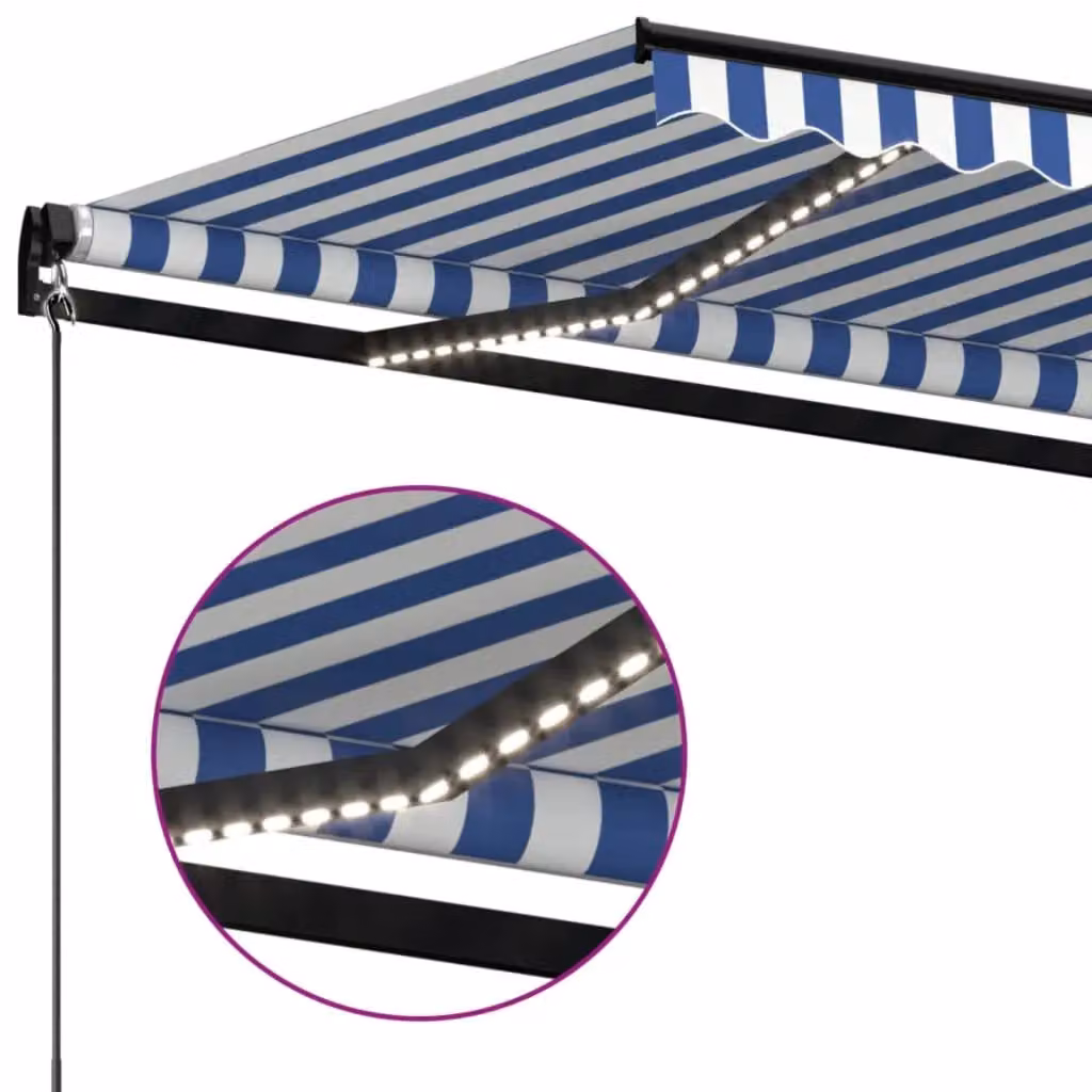 Berkfield Home Manual Retractable Awning with LED, Blue and White Striped Polyester, W: 450 cm, D: 300 cm – 3
