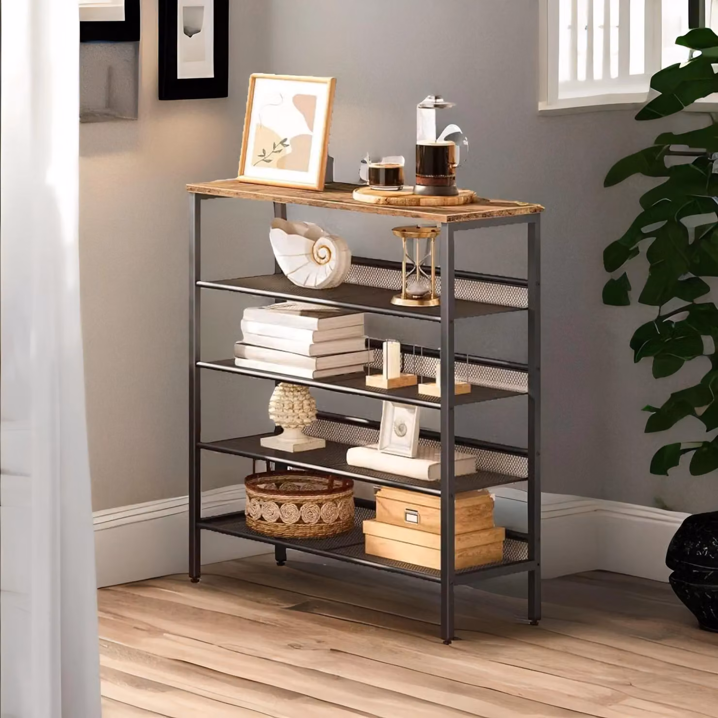 Rafaelo Mobilia 5-Tier Rustic Brown Wood and Metal Shoe Rack Organizer – 2