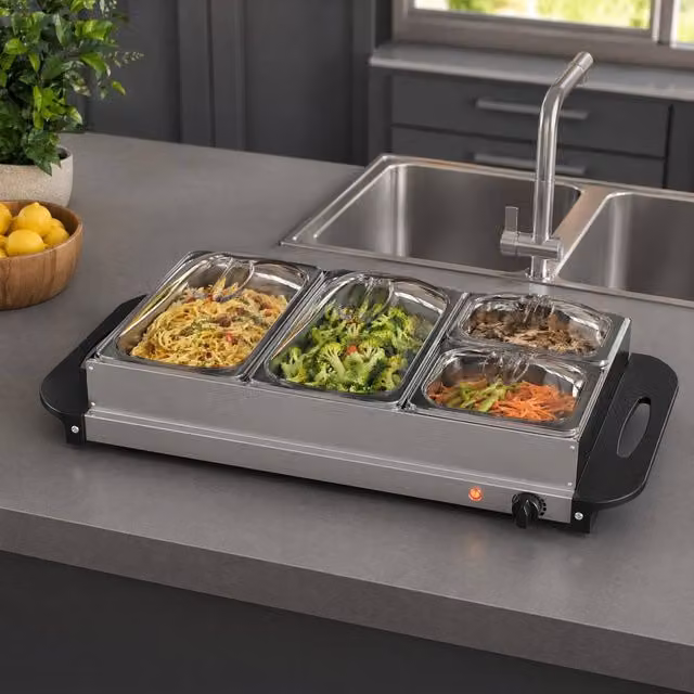 STILVORA Silver Electric Buffet Server with 4 Trays and Adjustable Temperature Control