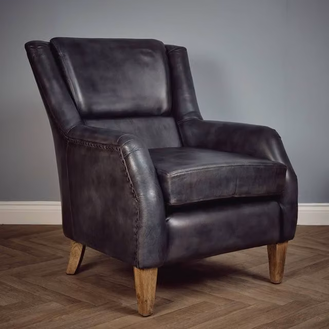 Elm Home and Garden Mid-Century Grey Leather Armchair with Solid Wood Frame