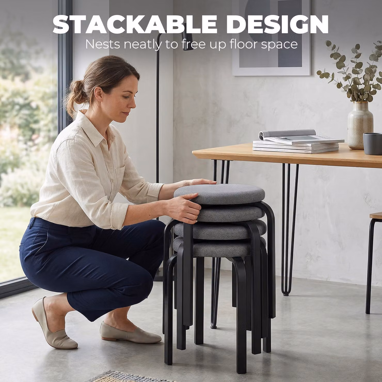 HOMCOM Set of 4 Modern Stackable Round Backless Stools with Fabric Cushions and Metal Frame in Dark Grey – 5