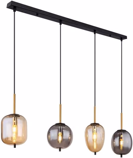 Netlighting Blacky Bar Pendant Ceiling Light in Matt Black with Grey Glass Shade, 4x E14, Height Adjustable
