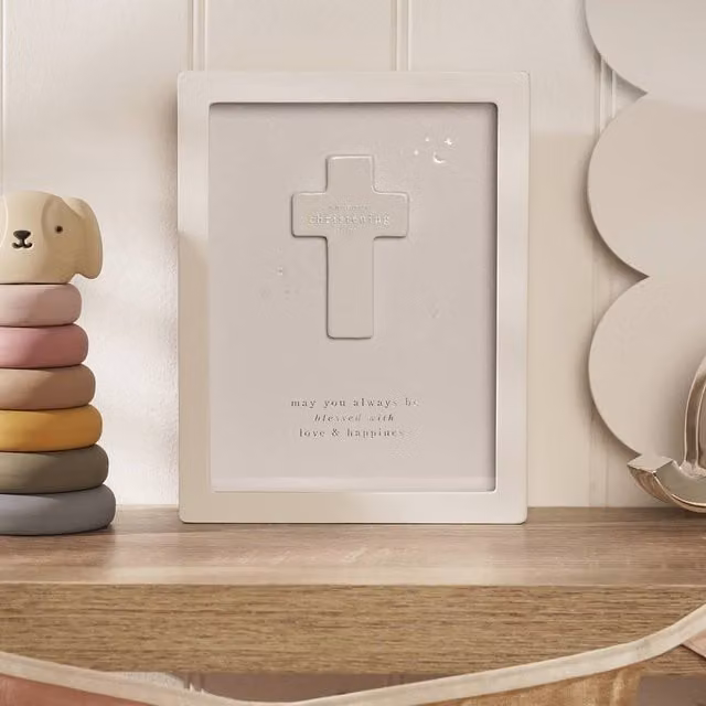 Bambino by Juliana Religious Christening Framed Plaque in Light Grey, White and Silver