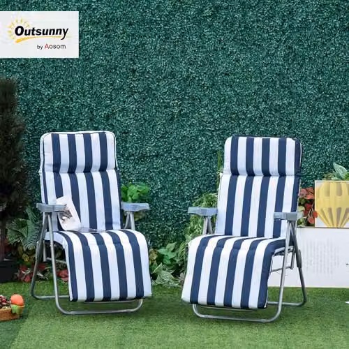 Outsunny Set of 2 Adjustable Reclining Garden Sun Loungers with Cushions in Blue – 2