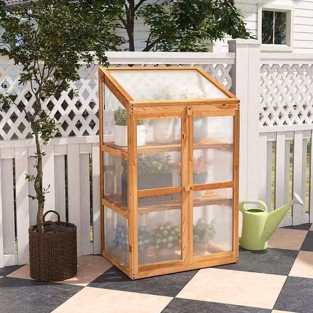 COSTWAY 3-Tier Freestanding Outdoor Greenhouse with Orange Lacquered Wood and Transparent Polycarbonate Panels