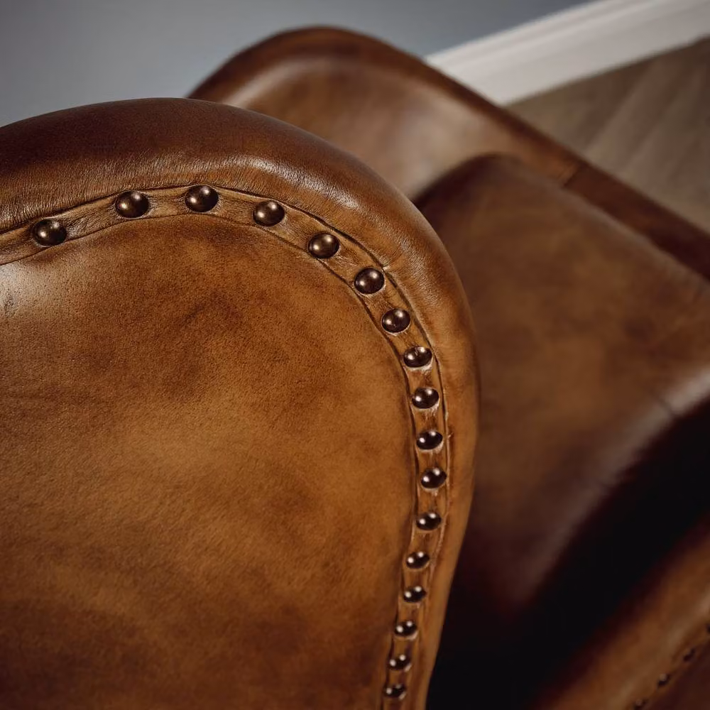 Elm Home And Garden Brown and Tan Genuine Leather Swivel Egg Aviator Wing Accent Arm Chair with Metal Frame – 4