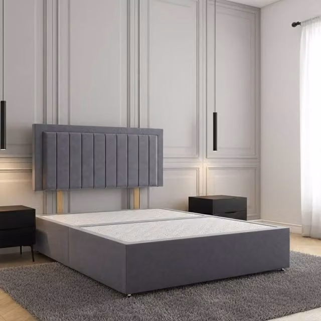 REGIONAL FURNISHINGS Plush Velvet Divan Bed with 24 inch Headboard in Charcoal Grey, Small Double, W/D/H: 120 x 200 cm