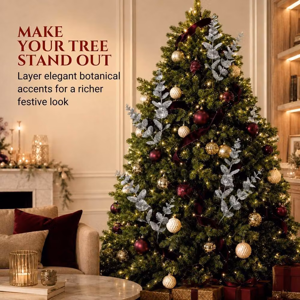 Shatchi Silver Glitter Artificial Eucalyptus Christmas Tree Picks, 12 Pack, Height: 55 cm – 5
