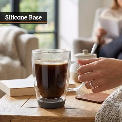 Orsina Double Walled Glass Mug, 350ml, Transparent and Grey with Silicone Base – 5