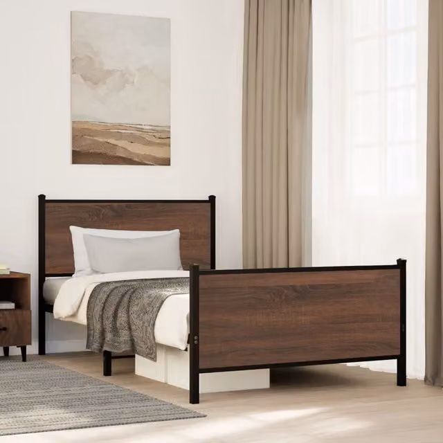 Berkfield Home Metal Bed Frame in Brown Oak, W/D/H: 100 x 190 cm