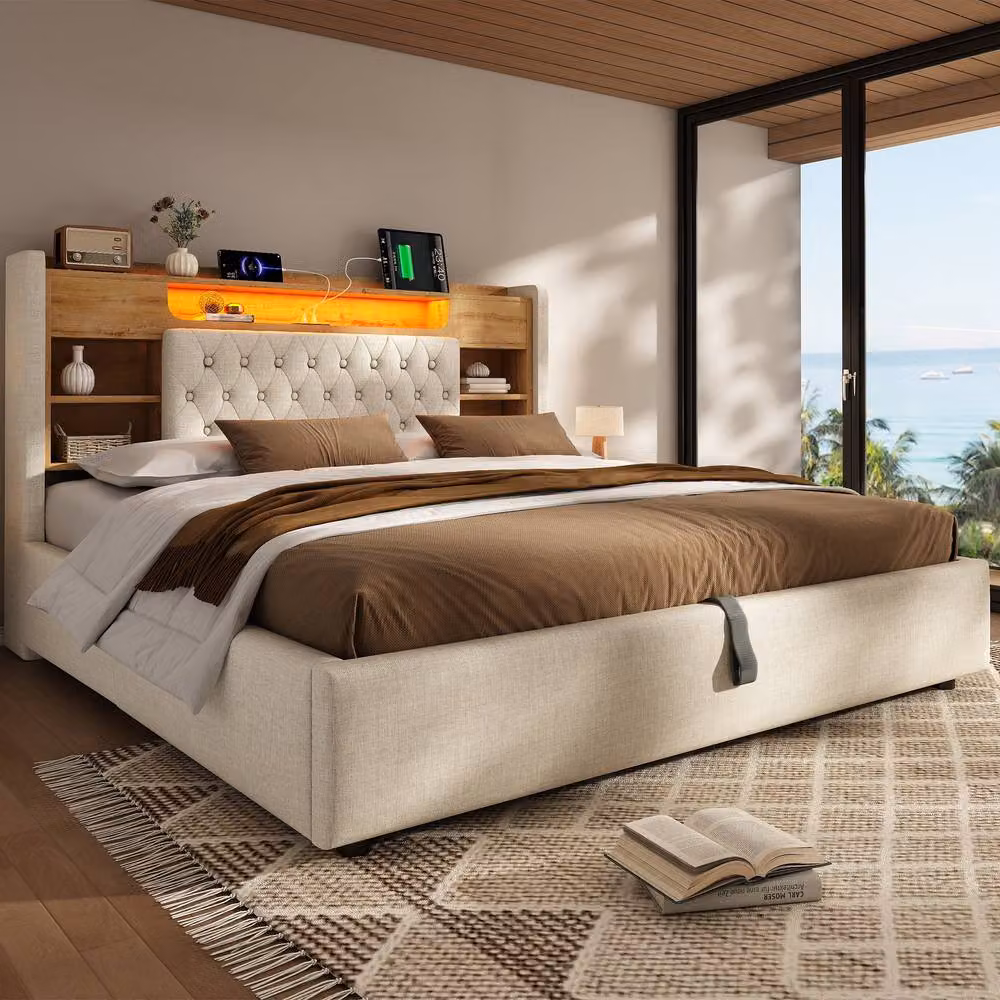 ModernLuxe Super King Ottoman Storage Bed in Beige with LED Under-Bed Lighting and Storage Headboard – 7