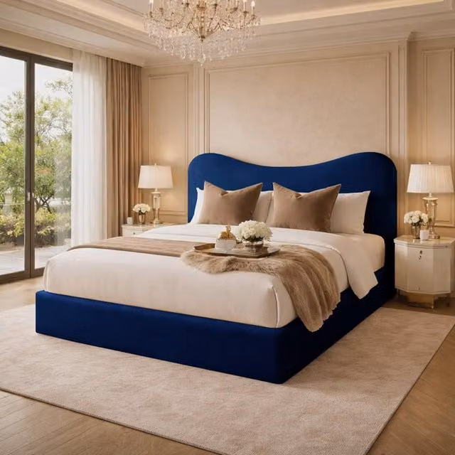 Desire Deco Blue Plush Velvet Chelsea Upholstered Bed Frame, W/D/H: 180 x 200 cm