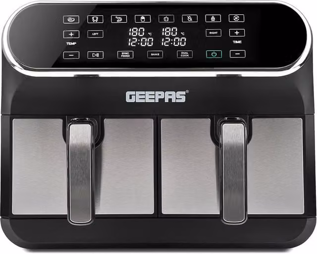 Geepas Prestige Dual Zone Digital Air Fryer, 8L XL Capacity with 8-in-1 Cooking Presets, 1700W, Silver and Black