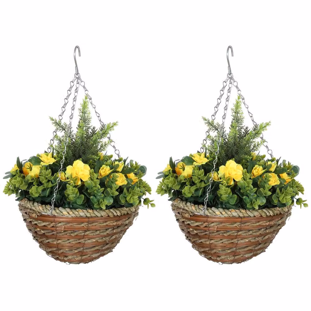STILVORA Set of 2 Yellow Artificial Lisianthus Hanging Flower Pots with Rattan Style Design – 3